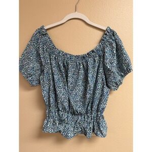 Lilou‎ Blue Floral Smocked Peplum Top Off Shoulder Puff Sleeve Blouse Womens XL